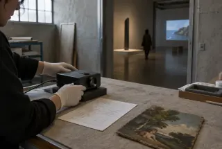 Conservator adjusting a projector and artwork materials in a contemporary museum corridor